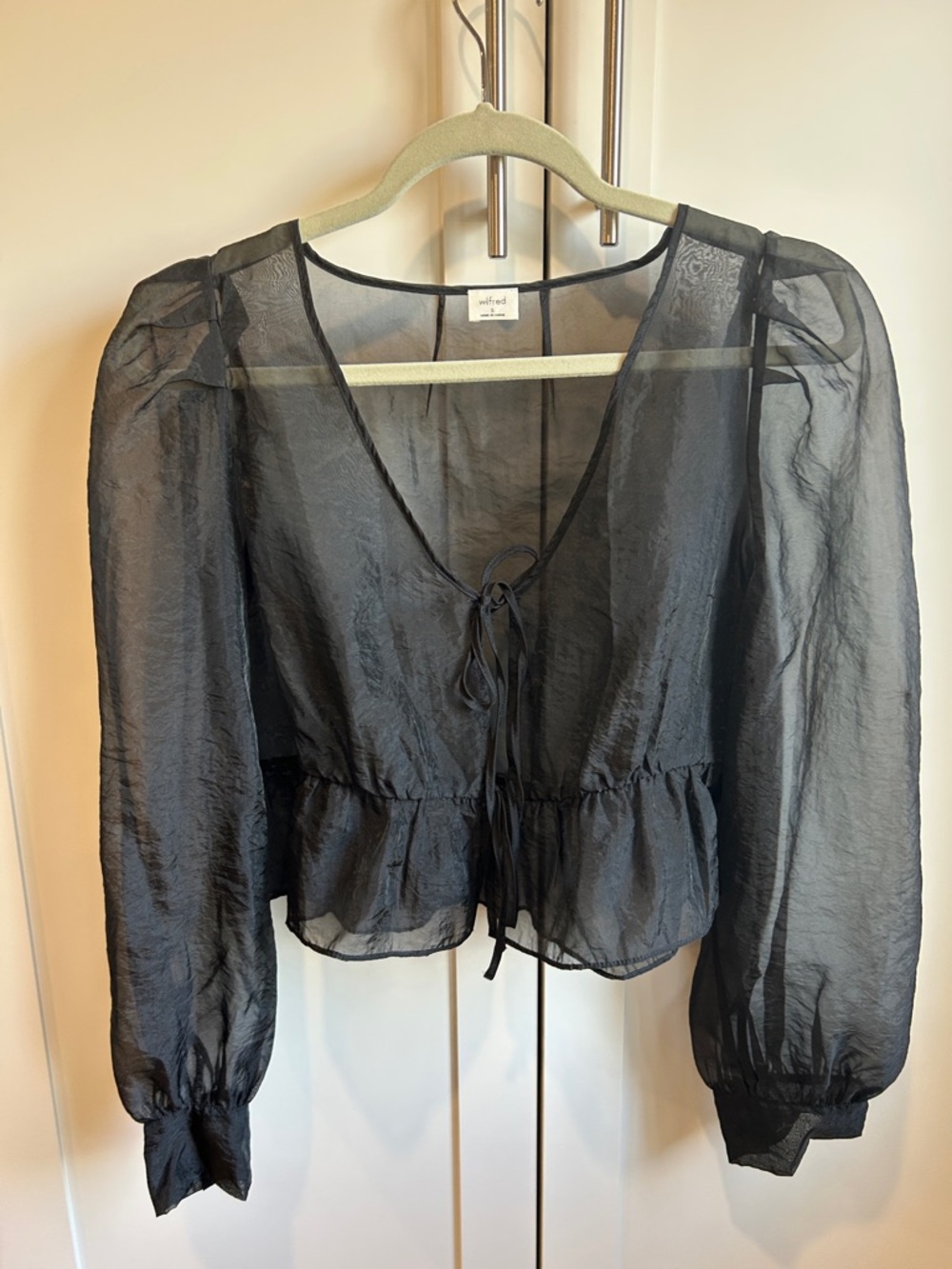 Wilfred Black Sheer Tie-Front Peplum Blouse, Size Small